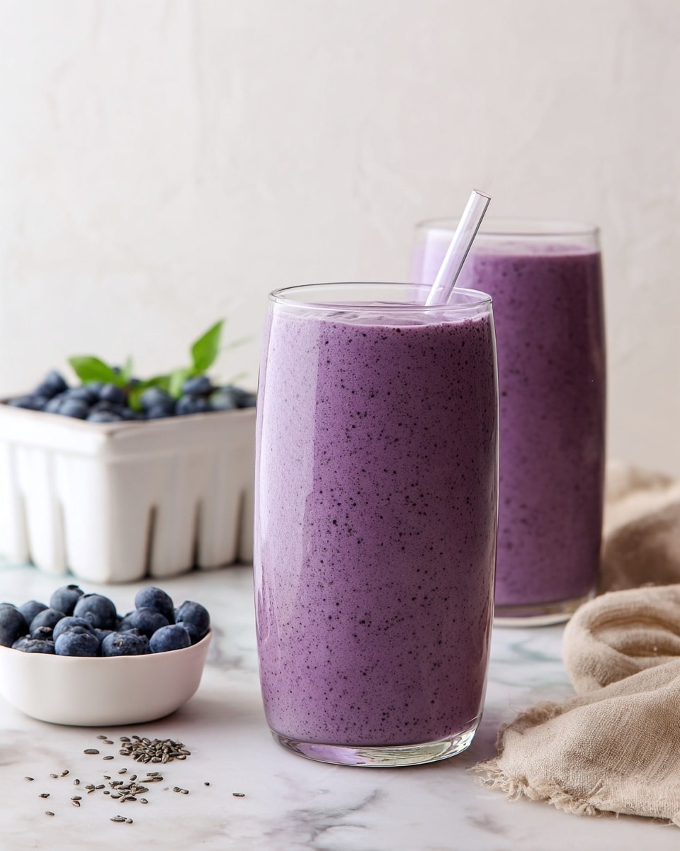 A close-up view of a purple smoothie served in a clear glass jar. The smoothie has a smooth and creamy texture with small specks of blueberry visible throughout. On top, there are six plump blueberries arranged in a loose cluster, and small chia seeds scattered near them. The jar is placed on a white marbled surface with a bit of a green leaf visible at the bottom right corner of the image. In the background, there is another jar with the same purple smoothie topped with a green spinach leaf, and a white bowl filled with fresh blueberries is partly visible. photo taken with an iphone --ar 4:5 --v 7