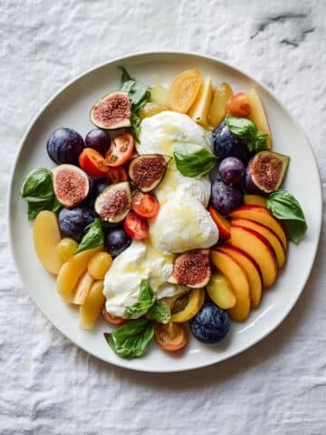 Late Summer Harvest Salad with Burrata, Heirloom Tomatoes, Peaches, Figs, and a Honey Rosemary White Balsamic Reduction Recipe