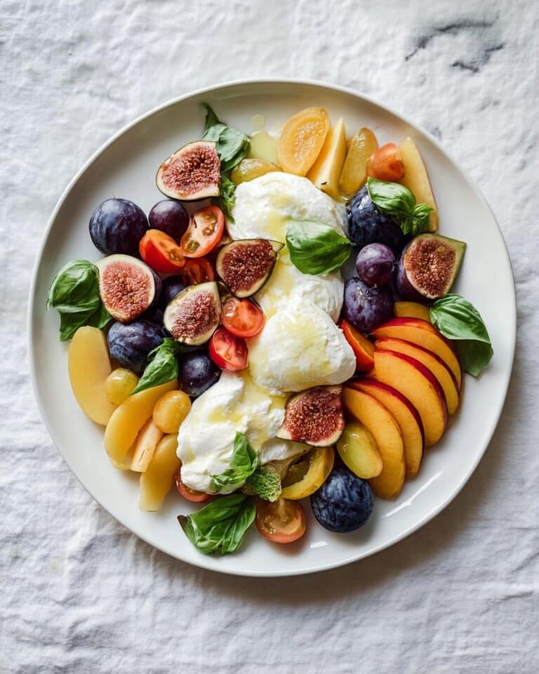Late Summer Harvest Salad with Burrata, Heirloom Tomatoes, Peaches, Figs, and a Honey Rosemary White Balsamic Reduction Recipe