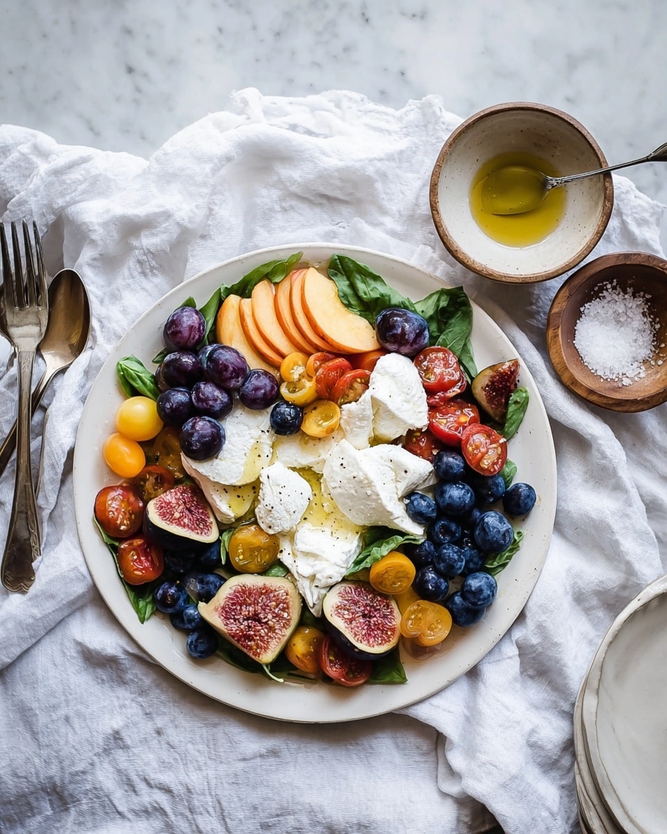 A white plate holds a colorful salad arranged in three main layers: the bottom layer is green basil leaves that give a fresh look, on top of this are halved red and yellow cherry tomatoes scattered evenly, along with cut figs showing purple skin and vibrant red inside. There are also thick slices of yellow peach and dark blue grapes placed on and around the fruit. The top layer has large dollops of soft white cheese spread across the plate, with a few drops of olive oil visible. The plate sits on a white marbled table covered by a white cloth. Nearby, a rustic small white bowl holds golden dressing and a wooden bowl contains coarse salt, with a fork and spoon placed to the left side of the plate. Photo taken with an iphone --ar 4:5 --v 7