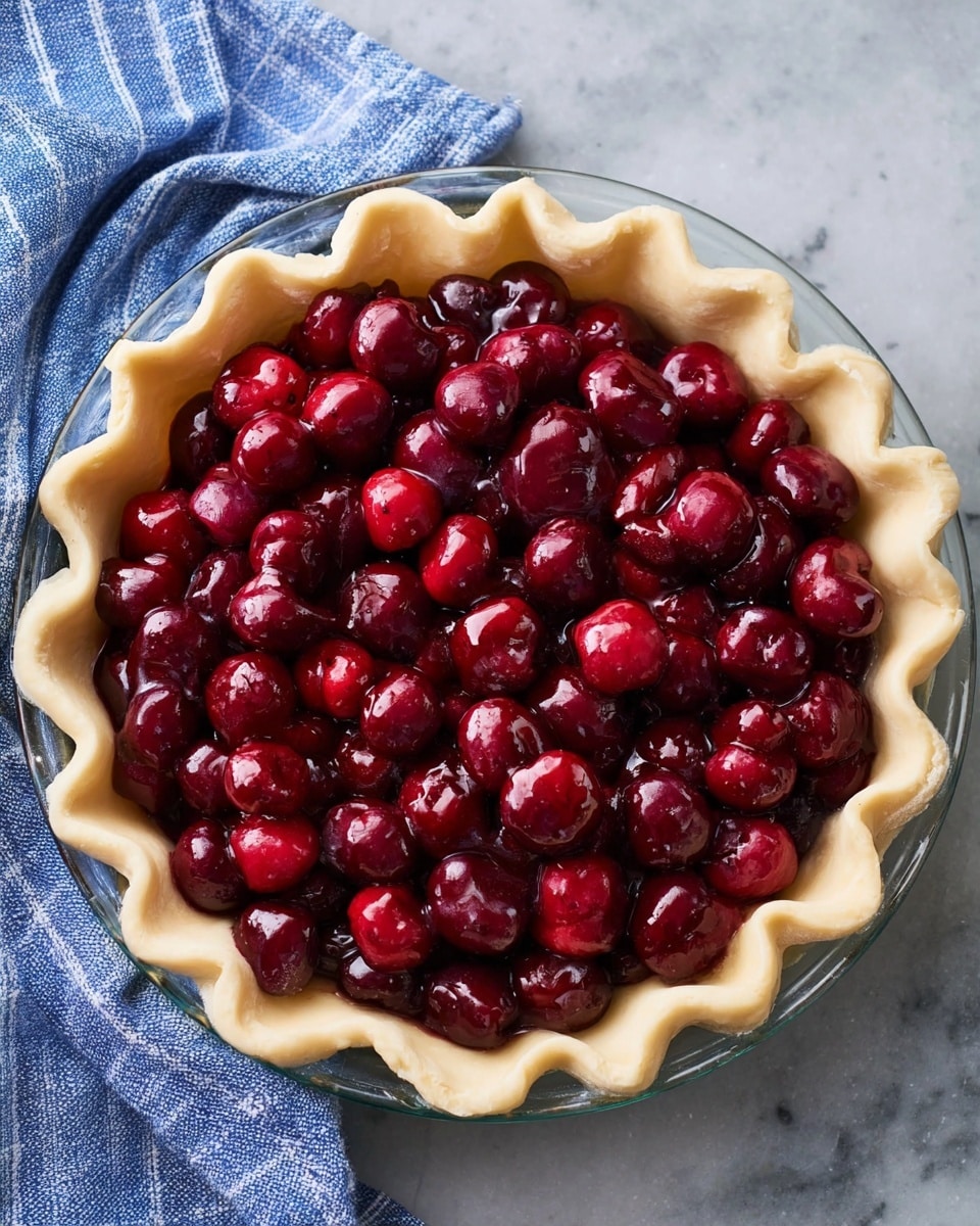 A clear glass pie dish with a thick, ruffled edge of light beige pie crust is filled with a deep red cherry filling made of whole and halved cherries, glistening with juice. The pie sits on a white marbled surface next to a blue checkered cloth. The cherries make a dense, textured layer that fills the pie crust evenly from edge to edge. Photo taken with an iphone --ar 4:5 --v 7