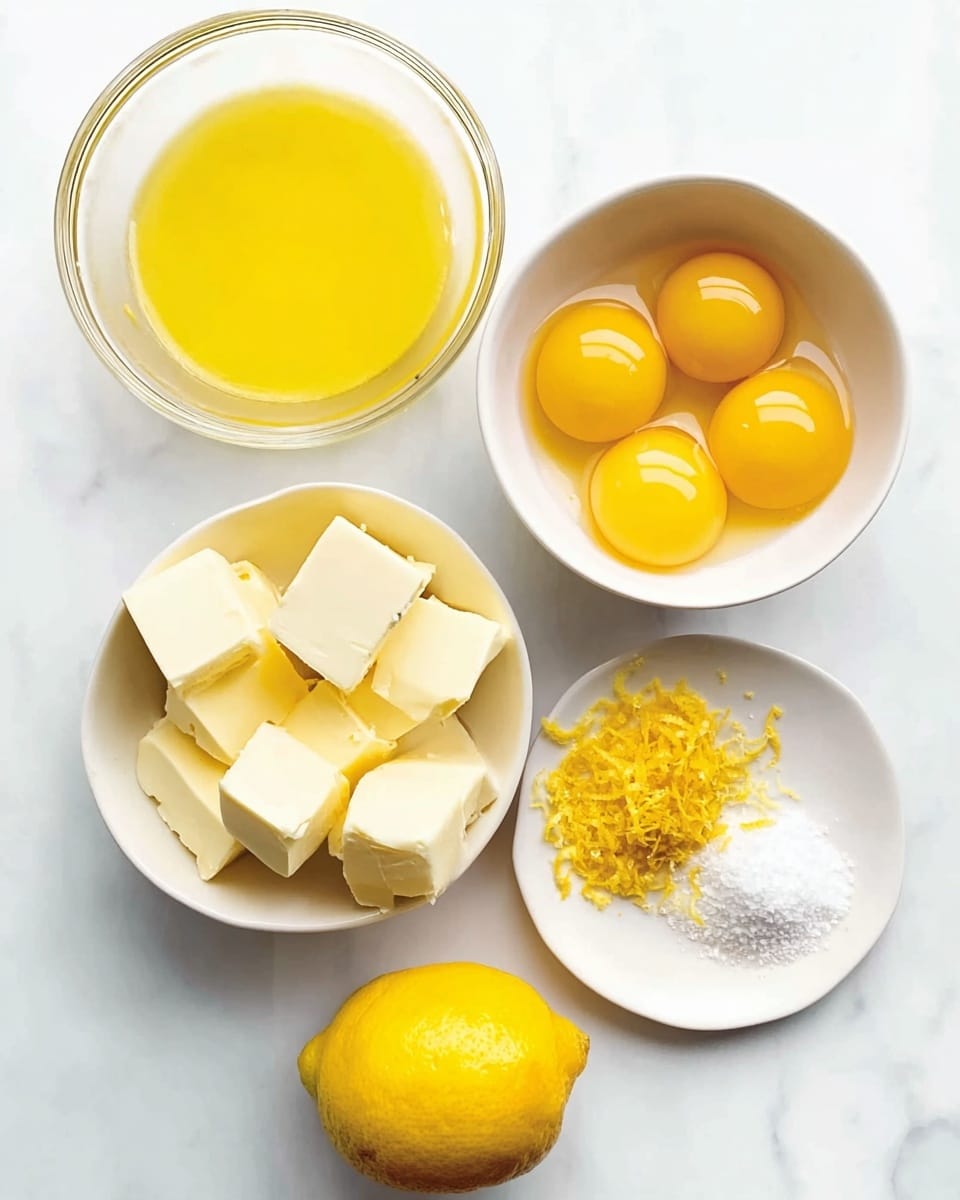 A collection of baking ingredients is arranged on a white marbled surface. There is one clear glass bowl filled with a yellow liquid, likely melted butter or oil, positioned in the top left. To its right, a white bowl holds five bright yellow egg yolks, one placed in the center and four surrounding it in a flower shape. Below the yolks, a smaller white bowl contains several cubes of solid butter, pale yellow in color and neatly stacked. Next to this, another small white plate displays a small pile of yellow lemon zest with a pinch of white salt beside it. At the bottom center, a whole bright yellow lemon is placed, rounding out the arrangement. photo taken with an iphone --ar 4:5 --v 7
