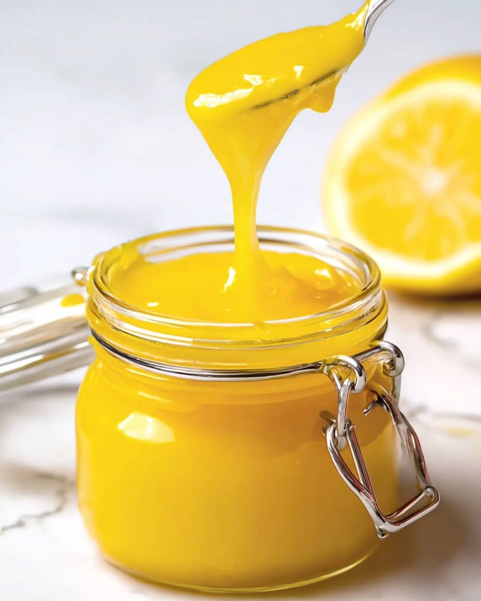 A clear glass jar filled with smooth, bright yellow lemon curd sits centered on a white marbled surface. A spoon coated with the thick lemon curd is held above the jar, with the curd dripping down from the spoon back into the jar. In the background, there is a halved lemon with a rich yellow color slightly out of focus. The jar lid's metal latch is visible and shiny. The scene uses bright lighting highlighting the glossy texture of the lemon curd photo taken with an iphone --ar 4:5 --v 7