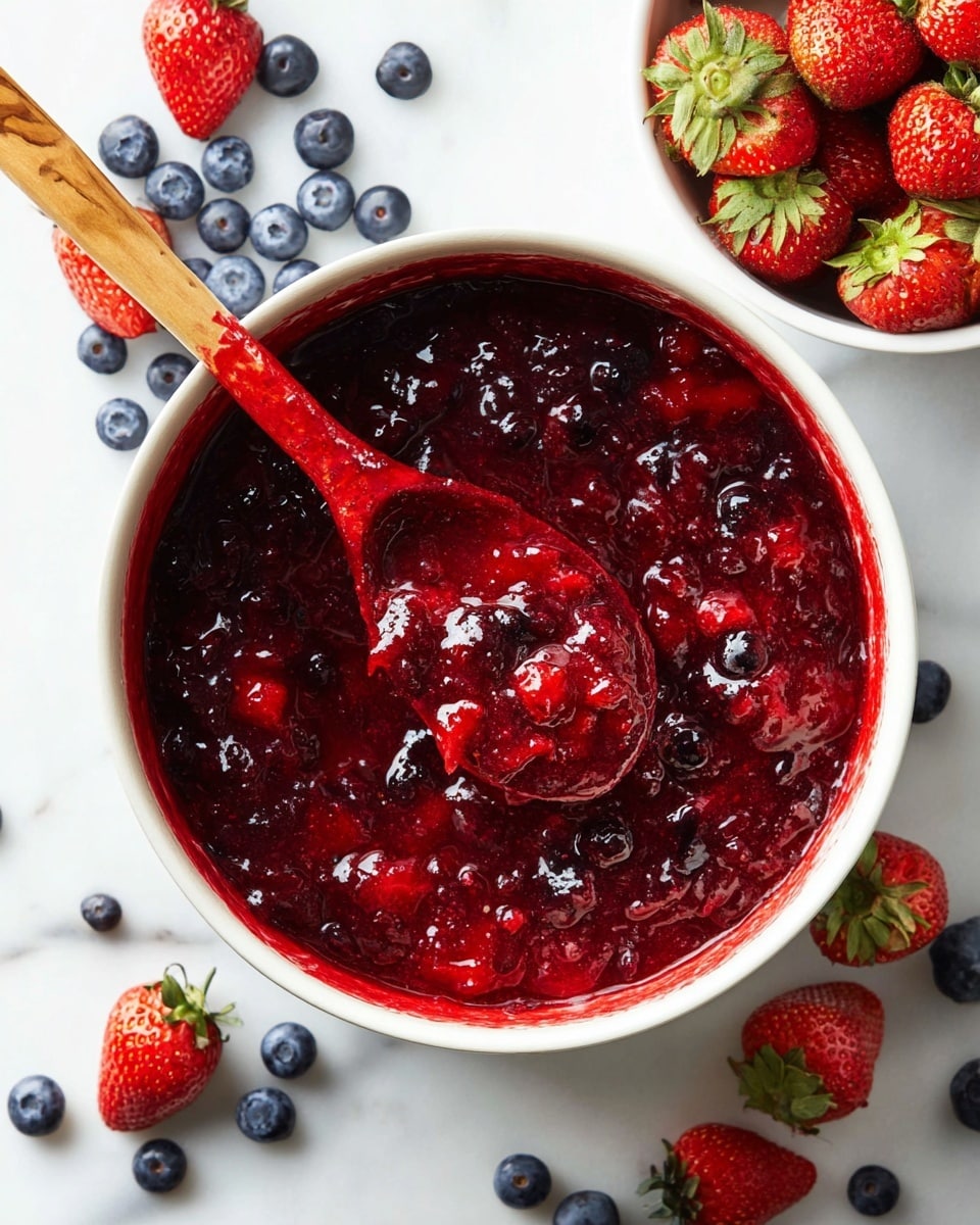A white pot filled with a thick red berry sauce, showing many pieces of strawberries and blueberries mixed in a glossy, chunky texture. A wooden spoon with a red-stained handle is dipped inside the pot, lifting some sauce. Around the pot, there are fresh blueberries and strawberries scattered on a white marbled surface. On the top right, a white bowl is partly visible, filled with bright red strawberries with green leaves. The colors are vibrant with a contrast between the deep red sauce and the fresh fruits. Photo taken with an iphone --ar 4:5 --v 7