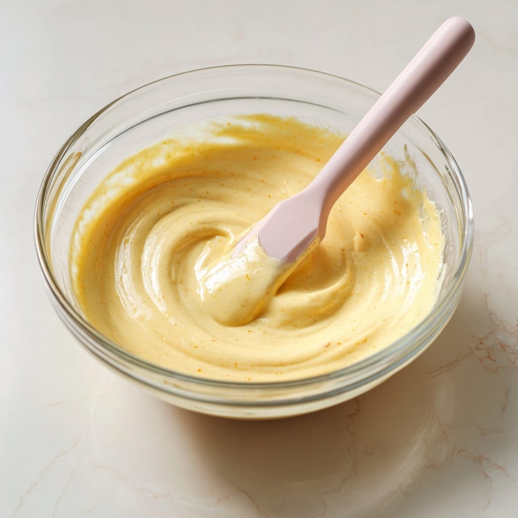 A clear glass bowl holds a smooth, creamy yellow mixture with a thick texture. A spatula with a pale pink handle stirs the mixture gently, showing a swirl pattern in the center. The mixture looks soft and rich with tiny air bubbles scattered throughout. The bowl sits on a white marbled surface, enhancing the light tones and smooth look of the mixture. photo taken with an iphone --ar 4:5 --v 7