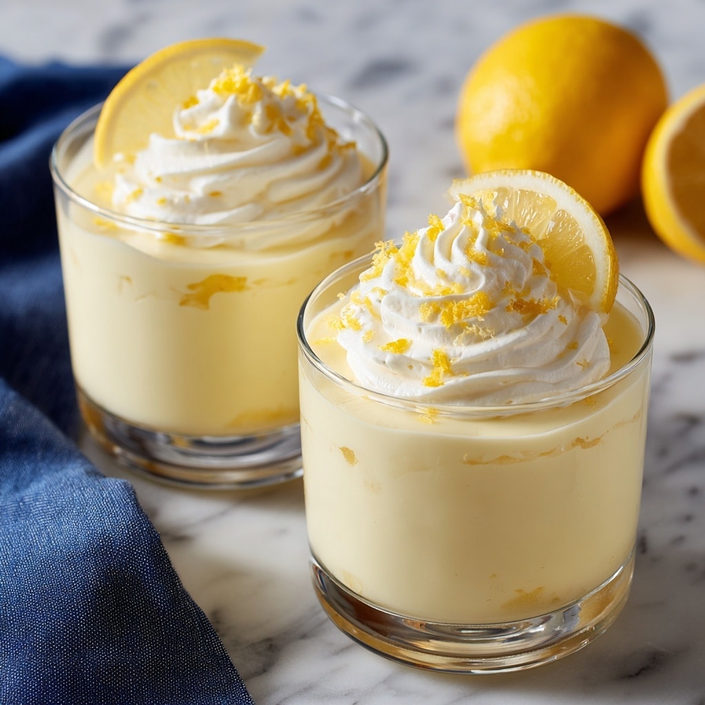 Two clear glasses hold a creamy, light yellow layered dessert with a smooth texture. Each glass has at least two visible layers of the dessert, with the top layer slightly fluffier. On top of each glass, there is a swirl of white whipped cream, a small bright yellow lemon slice, and some grated lemon zest adding texture and color contrast. The glasses sit on a white marbled surface with a whole lemon in the background and a blue cloth partially visible in the foreground. photo taken with an iphone --ar 4:5 --v 7