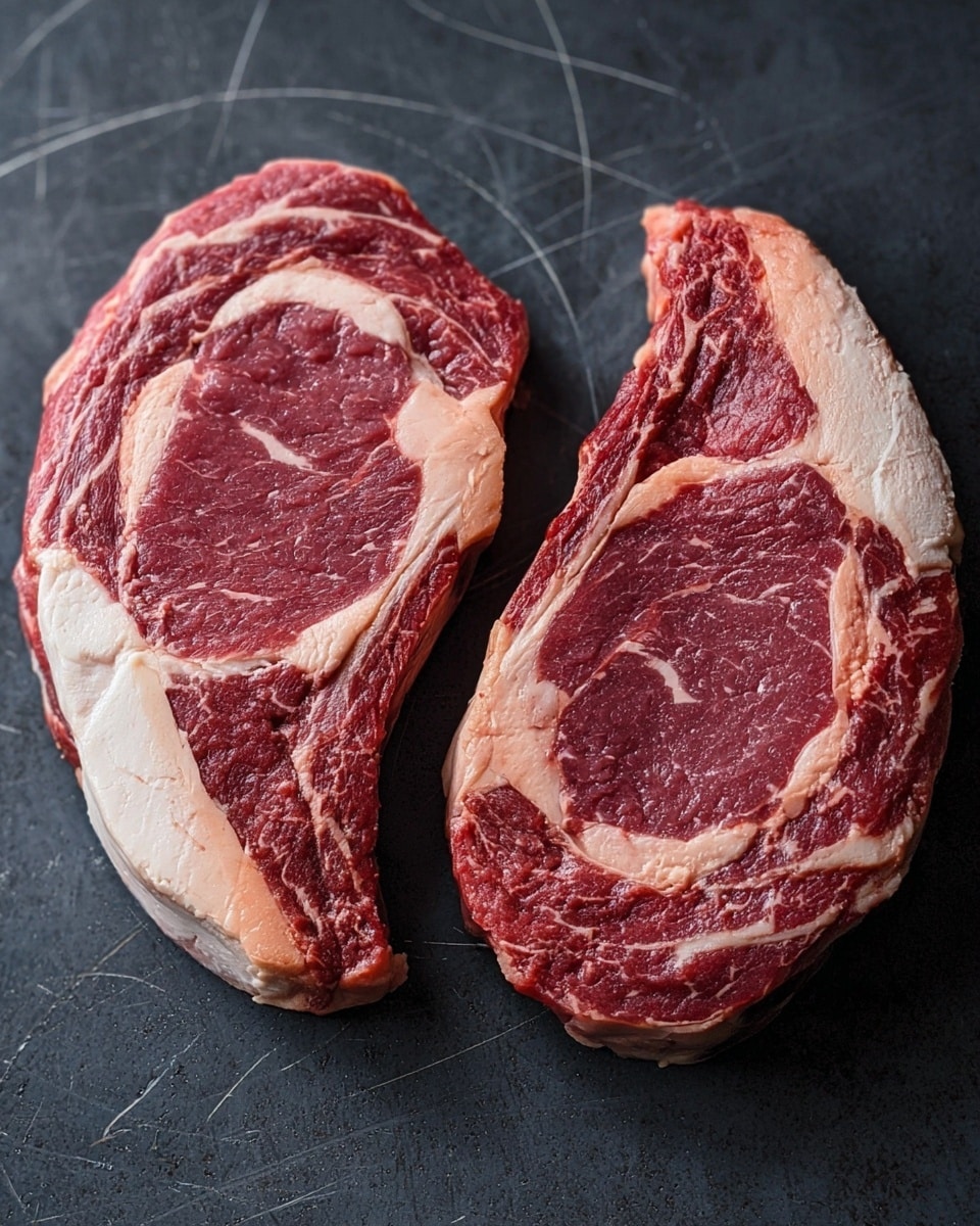 Two raw ribeye steaks are placed side by side on a dark surface. Each steak has distinct layers: a deep red center with visible marbling of white fat, a white fat edge surrounding the meat, and some marbling running through the center. The texture of the meat looks fresh and slightly moist, with clear muscle grain and fat veins. The surface beneath has a matte finish with faint irregular patterns. photo taken with an iphone --ar 4:5 --v 7