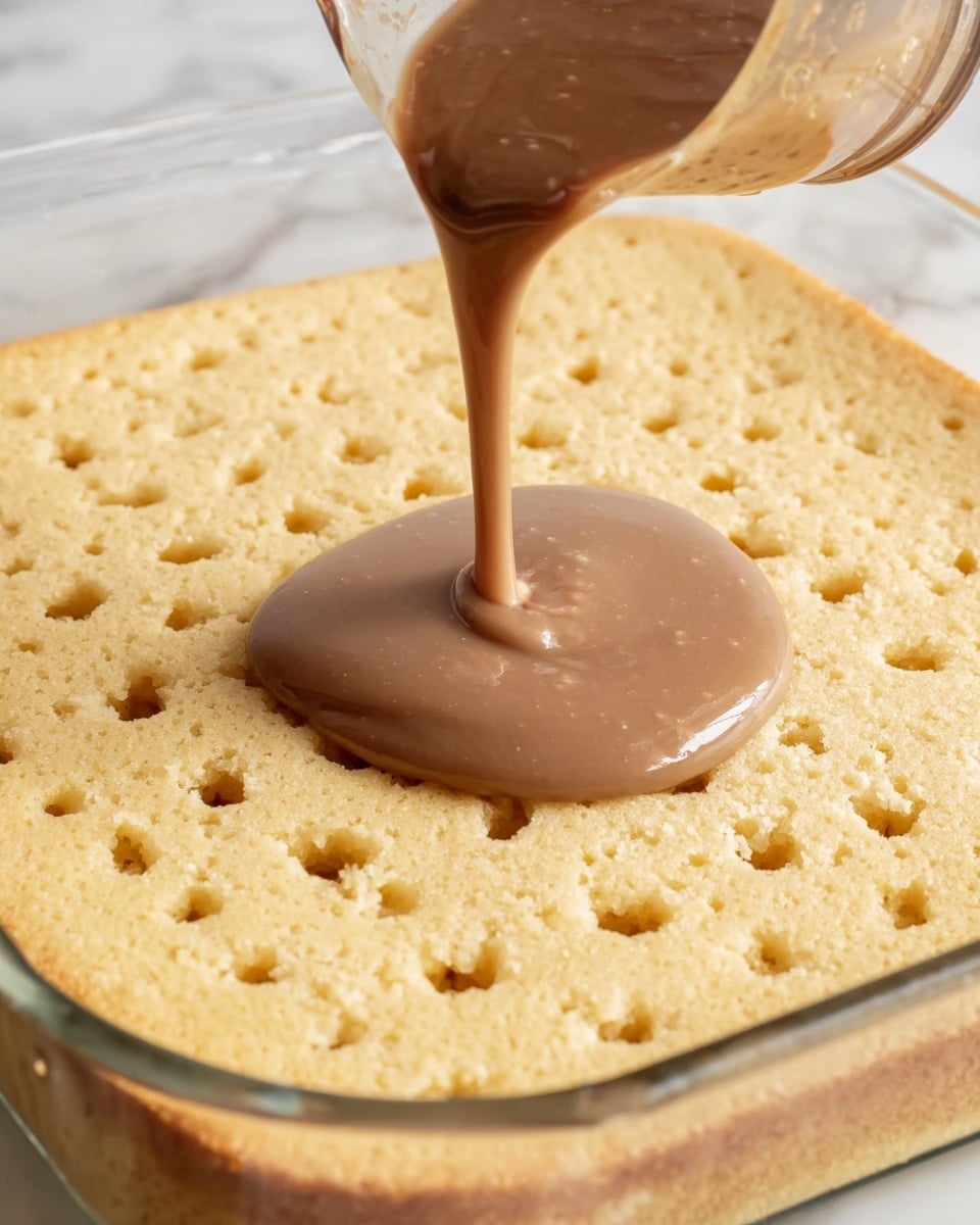 A close-up image shows a light yellow cake layer with many small holes evenly spread on its surface, placed in a clear glass dish on a white marbled texture. From above, a thick brown liquid is being poured in the center from a glass measuring cup, the liquid slowly spreading over the cake. The texture of the liquid looks smooth and creamy. The focus is on the area where the liquid touches the cake, highlighting the contrast between the dry cake and moist topping, photo taken with an iphone --ar 4:5 --v 7
