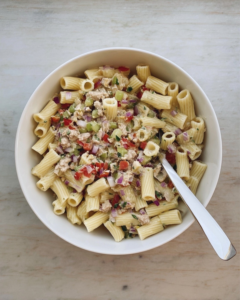 A white bowl filled with short tube-shaped pasta mixed with small pieces of light beige meat, chopped red and green vegetables, and bits of purple onion, all evenly spread throughout. A white plastic spoon rests in the bowl, partially submerged in the pasta mixture. The bowl is placed on a white marbled surface. Photo taken with an iphone --ar 4:5 --v 7
