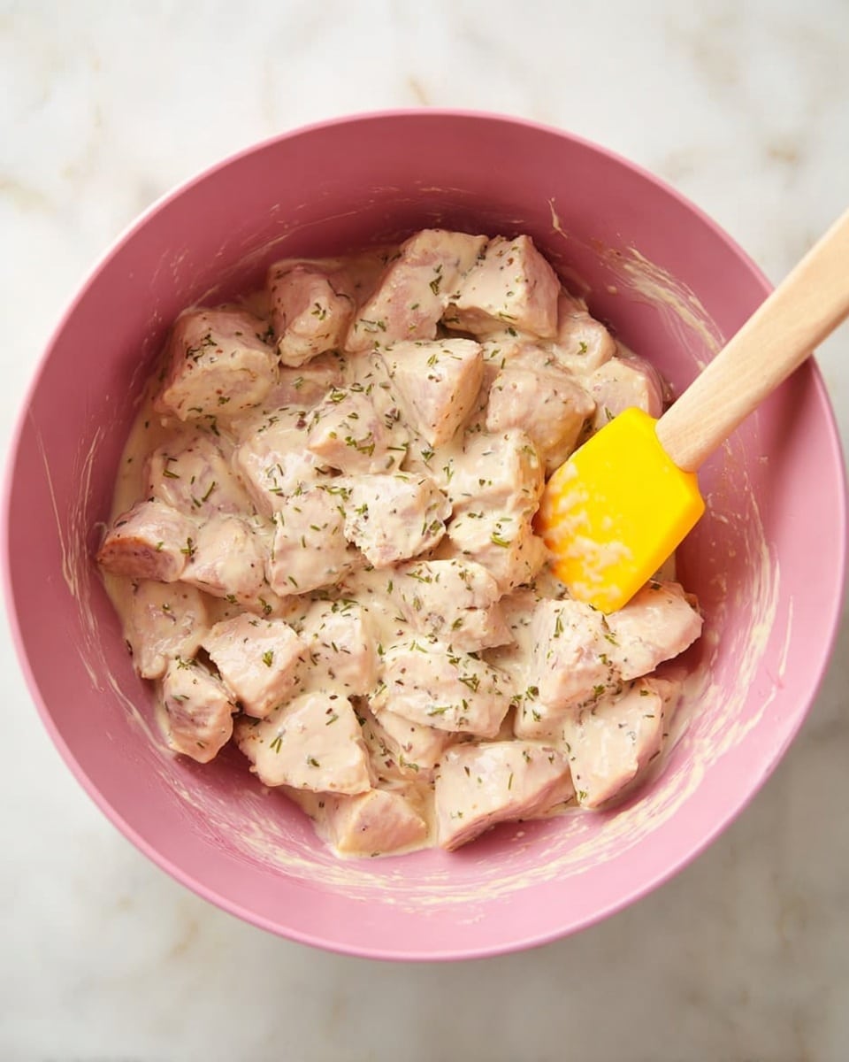 Inside a large pink bowl, there are many soft, pale pink pieces of meat covered in a light cream sauce with specks of herbs. A bright yellow spatula with a wooden handle is partially dipped into the mixture on the right side of the bowl. The bowl is placed on a white marbled surface. photo taken with an iphone --ar 4:5 --v 7