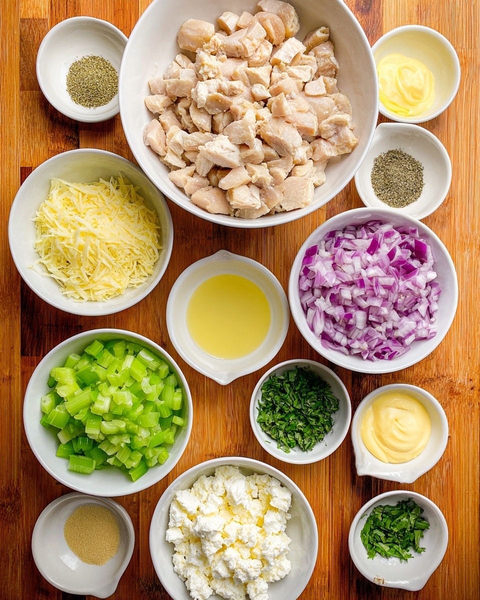 A top-down view shows an arrangement of multiple white bowls on a wooden surface. The largest bowl at the top is filled with chopped light tan cooked chicken pieces. Below it, two medium bowls contain bright green chopped celery on the left and finely diced purple-red onion on the right. At the center, a small bowl holds a light yellow liquid. Surrounding these, smaller white bowls contain grated pale yellow cheese, minced garlic, black pepper with salt, chopped green herbs, a small mound of yellow spice, white cottage cheese with curds, and smooth yellow mayonnaise. All bowls are neatly placed and evenly spaced. Photo taken with an iphone --ar 4:5 --v 7