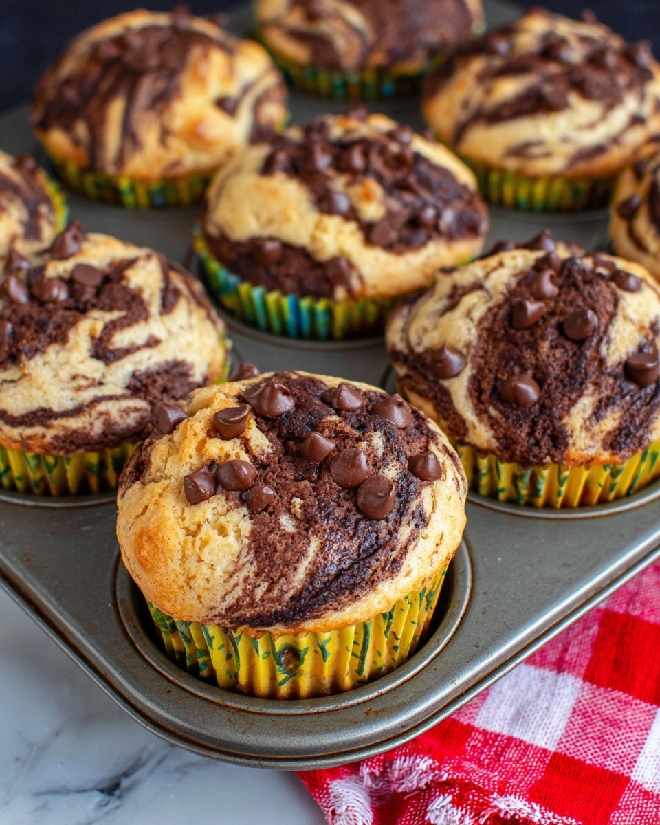 The image shows several muffins in a metal muffin tray, each muffin wrapped in a paper liner with yellow and green colors. Each muffin has a swirled, marbled pattern with a mix of light beige and dark chocolate brown clumped in the batter, with chocolate chips scattered on top. The muffins look soft and moist, filling the molds fully with a slightly cracked surface texture. The background includes a small part of a red and white checkered cloth visible beneath the tray, all placed on a white marbled surface. photo taken with an iphone --ar 4:5 --v 7