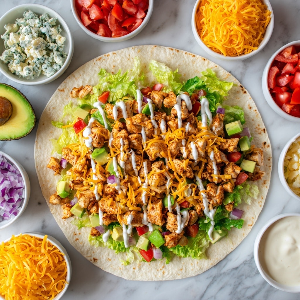 A large round tortilla lays flat on a white marbled surface, topped with layers starting from a bed of green lettuce and chopped red tomatoes, with diced green avocado pieces scattered across. On top, there are chunks of cooked orange-colored chicken, drizzled with a light creamy white sauce. Thin strands of orange shredded cheese are sprinkled over everything. Surrounding the tortilla are small white bowls containing different ingredients, including a half avocado with green skin and yellow flesh, finely chopped purple onions, diced red tomatoes, shredded yellow cheese, cooked chicken pieces with an orange tint, and a bowl of blue cheese crumbles. There is also a small white container of creamy dressing placed near the right edge of the frame. photo taken with an iphone --ar 4:5 --v 7