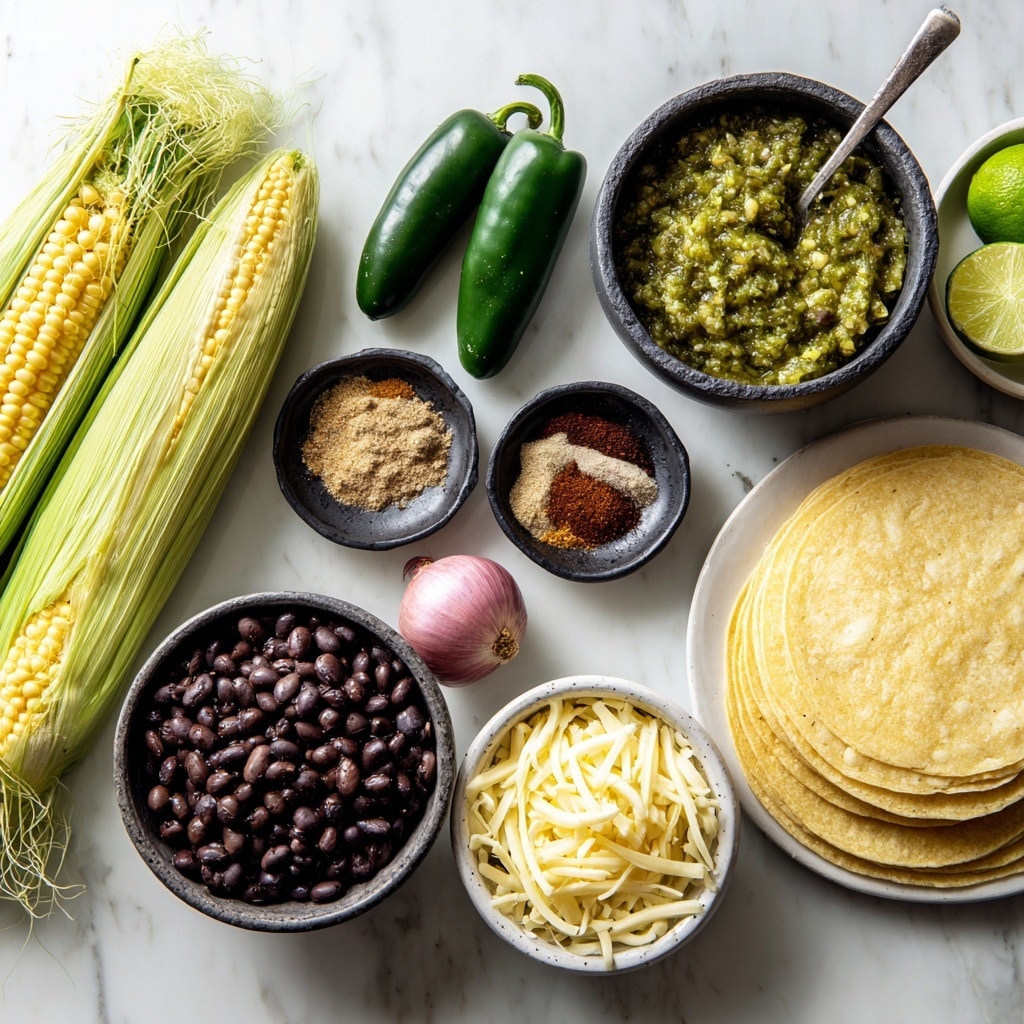 The image shows several fresh ingredients neatly arranged on a white marbled surface. On the top left is a corn cob with green husks partially peeled back, revealing yellow kernels. Next to it, on the right, is a dark bowl filled with chunky green salsa with a spoon in it. Below the salsa, a small black bowl holds three piles of spices in reddish-brown, light brown, and white colors. Near the spices, there are two shiny dark green poblano peppers and below them, a white bowl full of dark brown black beans. To the left of the beans is a halved red onion with visible light purple layers. Below the onion is a small dark bowl containing shredded and sliced pale yellow cheese. In the bottom right corner, there is a neatly stacked pile of light yellow corn tortillas. A small round white plate with lime wedges is visible at the top right corner. The colors are bright and fresh, all laid out clearly on the white marbled surface. photo taken with an iphone --ar 4:5 --v 7