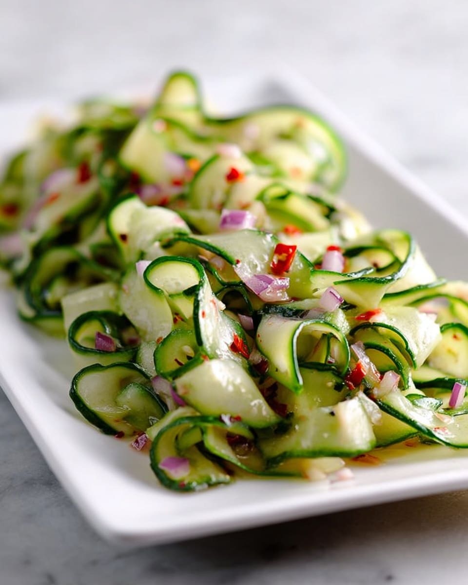 A pile of thinly sliced cucumber ribbons forms the base layer, light green with darker green skins curling naturally. Scattered across and layered slightly on top are small, finely diced pieces of red onion, adding a touch of purple and white contrast. A light dusting of red chili flakes is sprinkled over the top, adding tiny red specks and a hint of texture. Two whole small red chili peppers with green stems are placed on the white marbled surface, one toward the top right and one at the bottom left, framing the cucumber and onion mix. The image is bright with natural light highlighting the fresh, crisp textures. Photo taken with an iphone --ar 4:5 --v 7