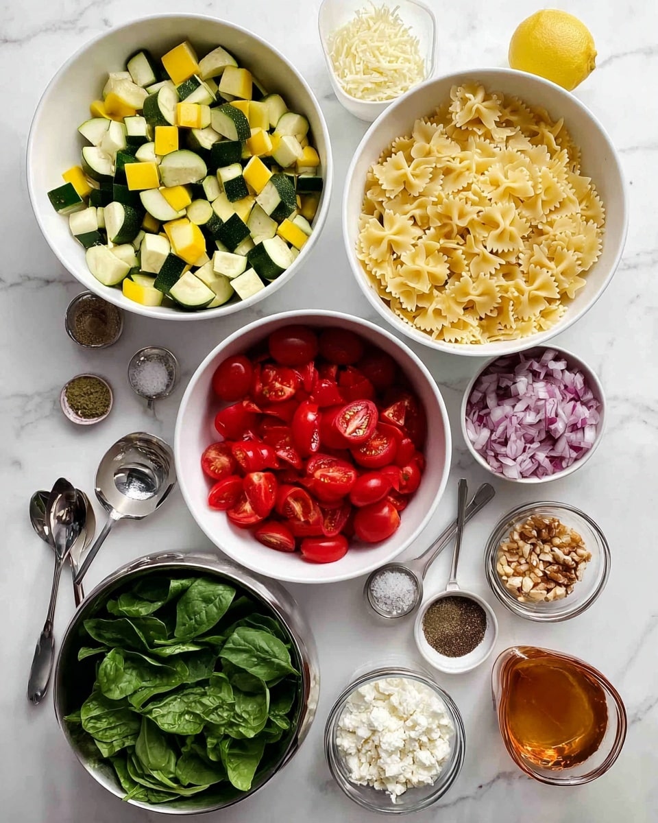 The image shows several white bowls and small containers on a white marbled surface, each holding different fresh ingredients. There is one large white bowl filled with chopped yellow and green zucchini cubes, another large white bowl with uncooked bowtie pasta in a golden color, and a third large white bowl containing halved bright red cherry tomatoes. A metal bowl holds fresh green spinach leaves, and another metal bowl contains chopped red bell peppers. Smaller glass bowls and containers hold finely chopped red onions, crumbled white cheese, and chopped nuts. There are also small white bowls and silver spoons with different spices and seasonings, along with a whole yellow lemon and a glass cup with amber-colored liquid. Everything is arranged neatly and brightly lit, emphasizing the fresh and colorful ingredients. photo taken with an iphone --ar 4:5 --v 7