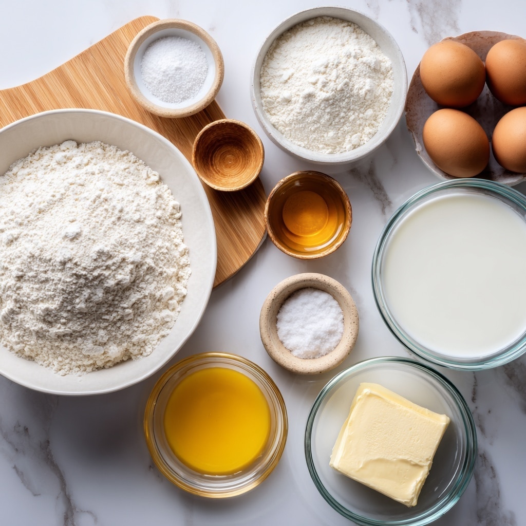 This image shows a top view of baking ingredients arranged neatly on a light wooden board and a white marbled surface. The largest white bowl sits in the bottom left with a mound of fine white flour. In the top right corner, there are two brown eggs close to a small white bowl filled with white powder. Next to the eggs, a tiny beige bowl holds a small amount of golden honey. To the right of the flour bowl, a glass bowl contains smooth white liquid, likely milk or yogurt. Below this, another glass bowl is filled with bright yellow melted butter. Several small dishes with powders and salt are scattered around on the marbled surface, adding different shades of white and gray to the setup. The overall tone is light and clean with clear, simple colors. Photo taken with an iphone --ar 4:5 --v 7
