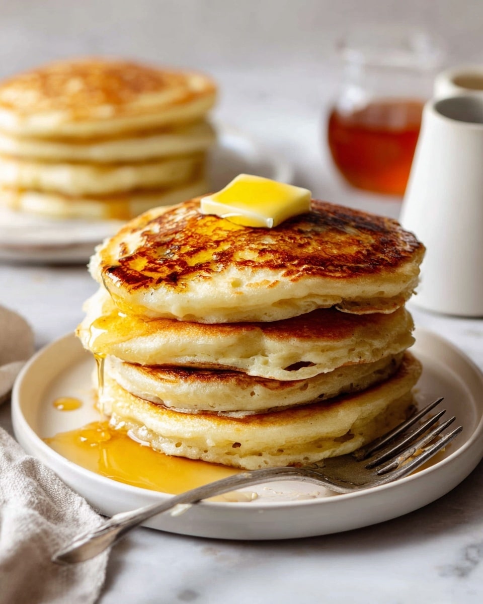 A stack of five thick pancakes sits on a white plate on a white marbled surface, each pancake showing a golden brown top with light fluffy edges in a cream color. A small square of melted yellow butter rests on the top pancake with syrup drizzled over it, slightly pooling down the sides. A silver fork lies on the right side of the plate. In the background on the white marbled surface, there is a blurred stack of pancakes on another white plate, a white ceramic container, and a glass with amber syrup. photo taken with an iphone --ar 4:5 --v 7