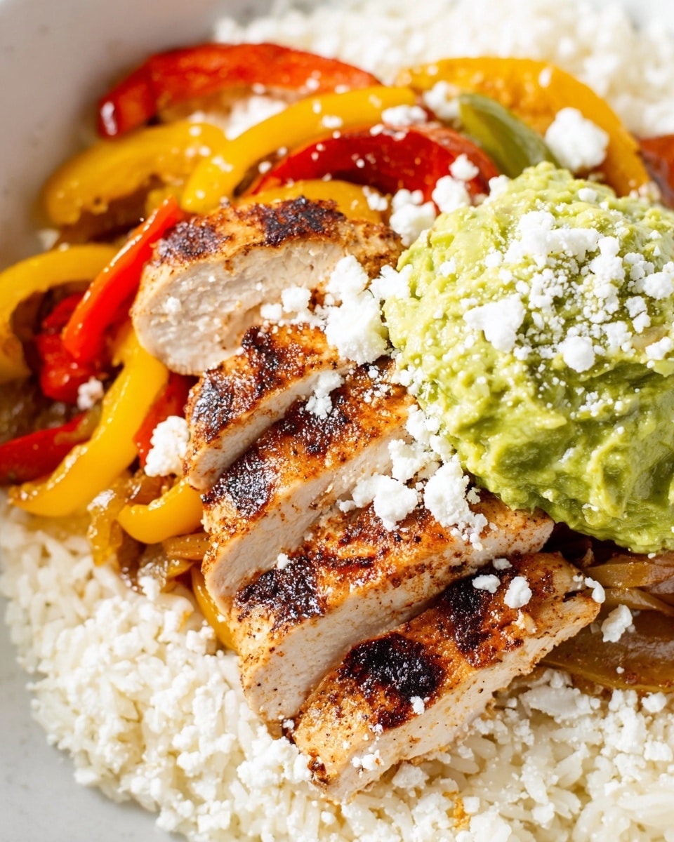 The image shows a close-up of a white plate with three main layers: at the bottom, there is a bed of soft white rice, scattered with crumbled white cheese; on top of the rice, there are cooked sliced bell peppers in yellow, red, and green colors with a slightly shiny texture; above the peppers, there are thick slices of grilled chicken with a light golden brown center and dark seasoning edges; on the right side of the chicken, there is a bright green dollop of smooth guacamole sprinkled with crumbled white cheese. The dish is presented on a white marbled surface photo taken with an iphone --ar 4:5 --v 7