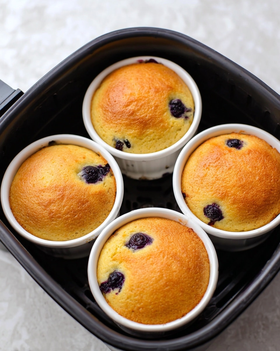 Four golden brown blueberry muffins are shown inside white round ramekins. Each muffin has a smooth, slightly domed top with some dark purple blueberry spots visible near the edges and on the surface. The ramekins are set inside the black basket of an air fryer, which contrasts with the muffins' warm color. The background is a white marbled texture. photo taken with an iphone --ar 4:5 --v 7