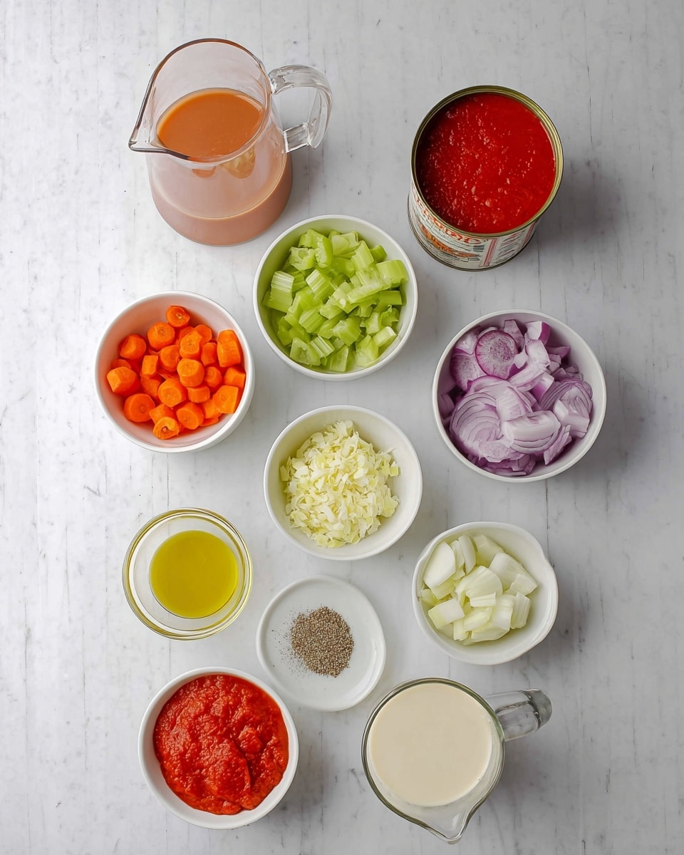 The image shows ten white bowls and two clear glass measuring jugs arranged on a white marbled surface. From top left to bottom right, there is a glass jug filled with light brown liquid, an open can filled with thick red tomato puree, a small bowl with chopped celery in light and medium green shades, a small bowl with finely chopped pale yellow garlic, a bowl with sliced bright orange carrots, a bowl with chopped purple and white onions, a bowl with yellow olive oil, a small bowl with white salt and black pepper ground on one half, a bowl with two smooth bright red tomato paste scoops, and at the bottom right, another glass jug with a white creamy liquid. photo taken with an iphone --ar 4:5 --v 7