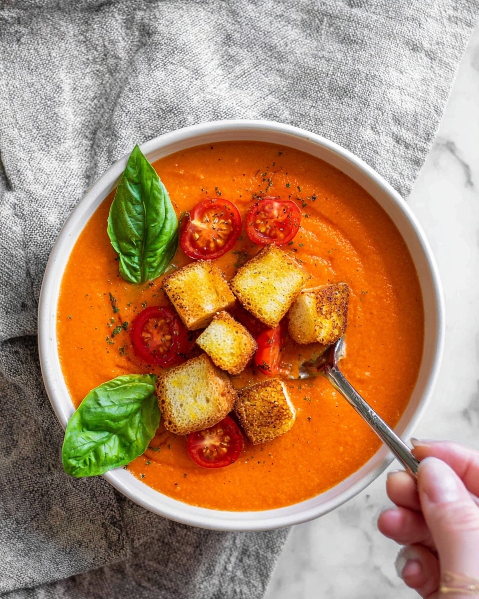 A white bowl filled with smooth orange tomato soup forms the base layer, topped with four small golden toasted bread cubes arranged in the center. Bright red halved cherry tomatoes are scattered around the bread cubes, adding pops of color, while a fresh green basil leaf rests on the left side. A woman's hand holds a spoon near the bowl, lifting some soup, with a white marbled surface underneath. photo taken with an iphone --ar 4:5 --v 7