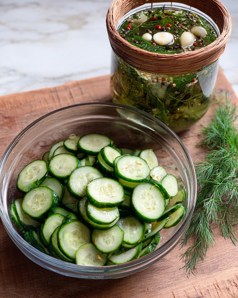 A clear glass bowl full of many thin round cucumber slices with dark green edges and pale green centers fills the lower part of the image. Behind and above the bowl is a glass jar with a woven holder, filled with clear pickling liquid, visible white garlic cloves, bright green dill sprigs, and some black and red peppercorns floating. Fresh dill sprigs lie on a wooden textured surface beside the jar. The entire scene is set on a white marbled background. Photo taken with an iphone --ar 4:5 --v 7