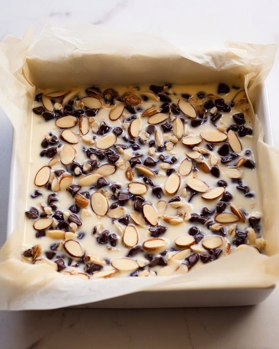 A white square baking dish lined with parchment paper holds a single layer of small dark chocolate chips and light brown almond slices scattered evenly on a creamy white batter base, with the nuts and chocolate chips partially sinking into the smooth liquid. The dish is placed on a white marbled surface. Photo taken with an iphone --ar 4:5 --v 7