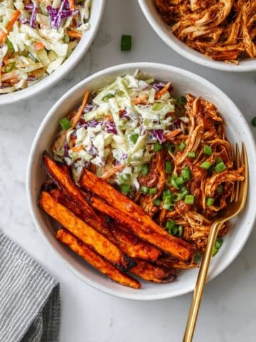 Instant Pot BBQ Chicken Bowls with Crispy Sweet Potato Fries and Coleslaw Recipe