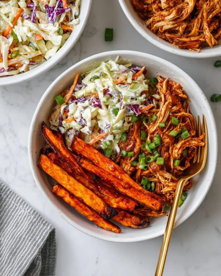 Instant Pot BBQ Chicken Bowls with Crispy Sweet Potato Fries and Coleslaw Recipe