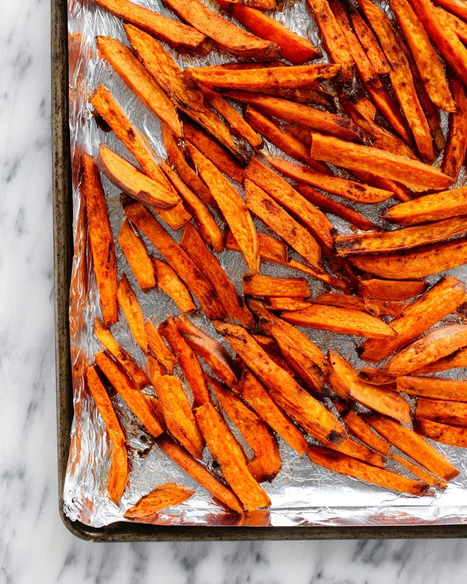 The image shows a single layer of roasted sweet potato fries spread unevenly on a silver foil-lined baking tray. The fries vary in size and are mostly orange with some pieces having darker, slightly burnt edges and spots, showing a crunchy texture. The tray sits on a white marbled surface, highlighting the rich orange color and char marks on the fries. photo taken with an iphone --ar 4:5 --v 7