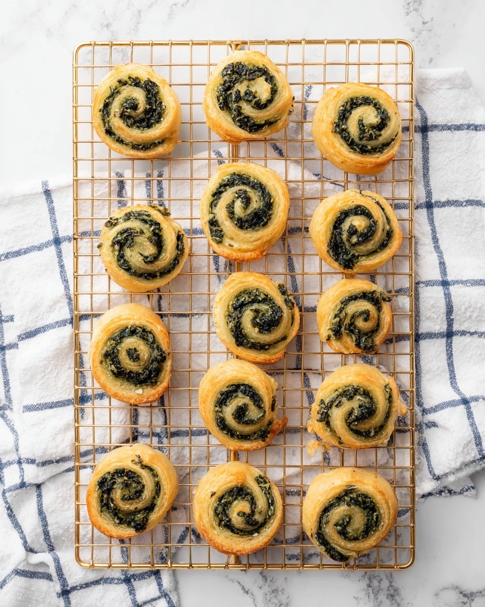 There are many small round puff pastry spirals with two layers, one golden brown crispy outer layer and one green herb or spinach filling inner layer, all placed on a metal cooling rack that sits on a white marbled surface with a blue and white cloth nearby. photo taken with an iphone --ar 4:5 --v 7