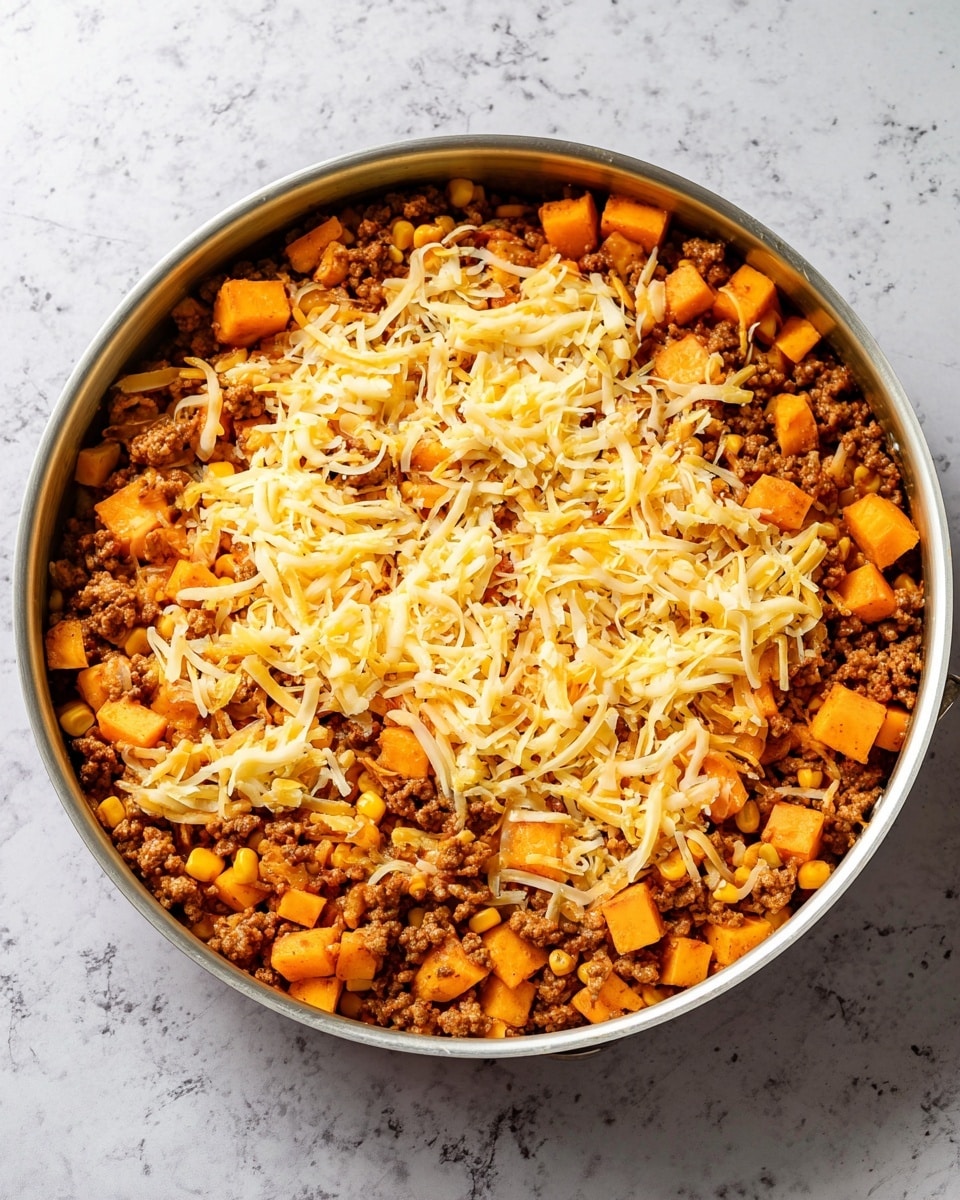 A round silver pan filled with two main layers: the bottom layer is a mix of small brown cooked ground meat pieces, bright orange cubed sweet potatoes, and scattered yellow corn kernels; the top layer is lightly spread with shredded yellow and white cheese strands, some melted and others still solid. The pan sits on a white marbled surface. photo taken with an iphone --ar 4:5 --v 7
