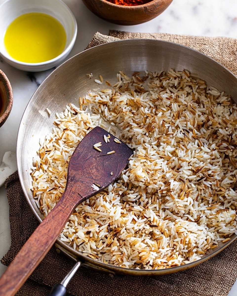 There is a shiny silver pan filled with long rice grains that are partly browned and mixed with white grains. A dark wooden spatula rests in the pan with a few rice grains on it. In the background, a white round bowl with yellow oil and a brown ceramic bowl with red sauce are partially visible. The pan is placed on a textured brown cloth over a white marbled surface. photo taken with an iphone --ar 4:5 --v 7