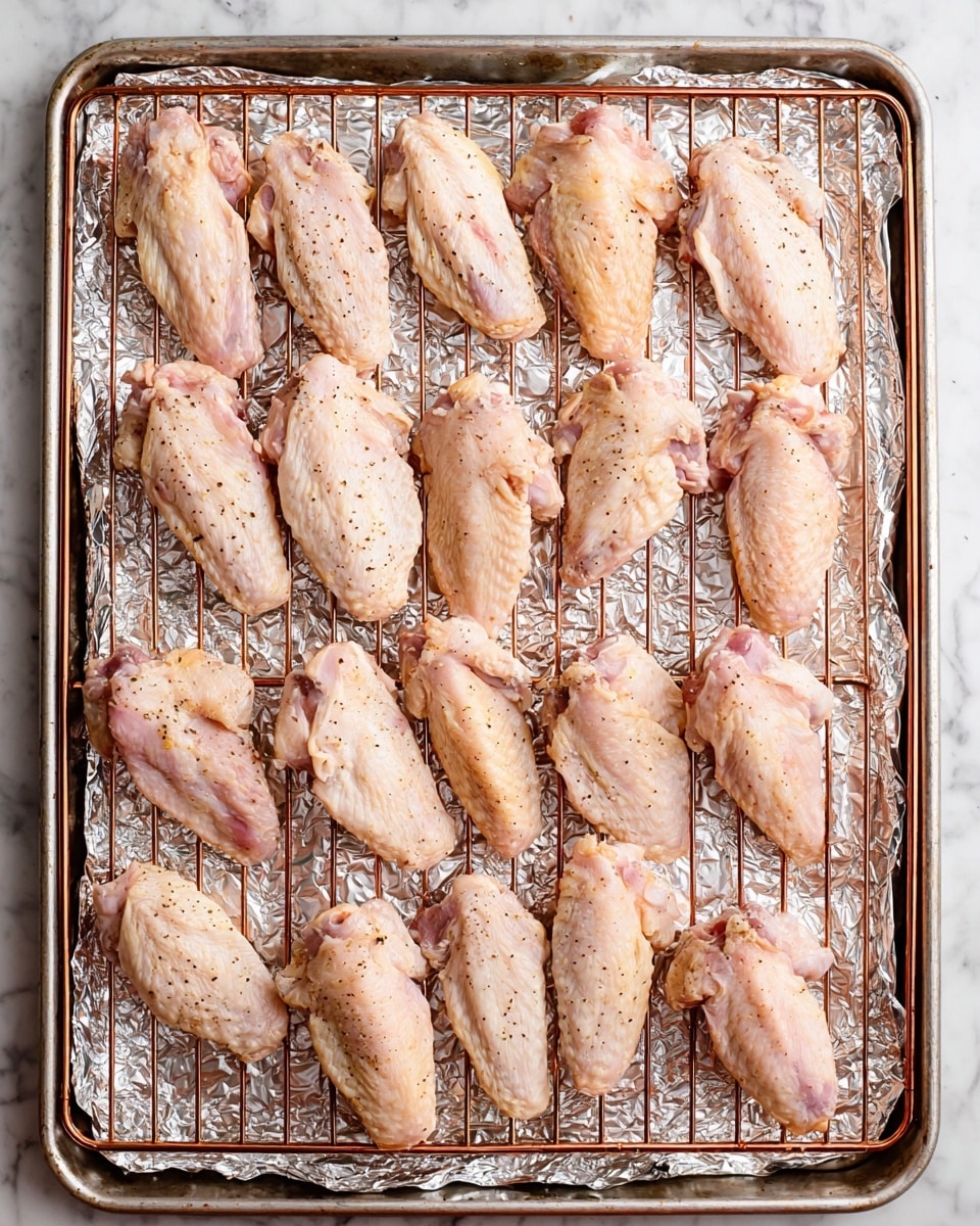 The image shows a baking tray lined with crinkled aluminum foil and a copper wire rack on top, holding 24 raw chicken wings evenly spread out in four rows and six columns. The chicken wings have a pale pink color with a light coating of seasoning, showing some small black pepper specks. Each wing displays a smooth, slightly shiny skin texture with gentle folds and natural shapes. The overall look is clean and organized, ready for cooking. The background under the tray is a white marbled surface. photo taken with an iphone --ar 4:5 --v 7