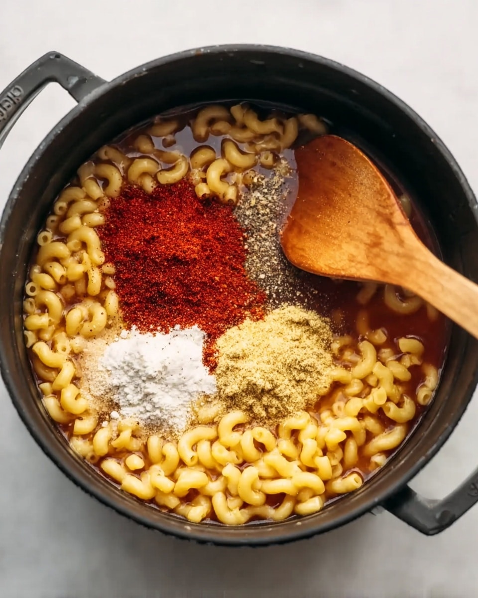 A top view of a black pot filled with water and yellow elbow macaroni pasta, topped with separate piles of red paprika, white salt, black pepper, and beige garlic powder, all floating on the surface. A wooden spoon is partially dipped into the pot on the right side, stirring the ingredients gently. The pot is placed on a white marbled surface. Photo taken with an iphone --ar 4:5 --v 7