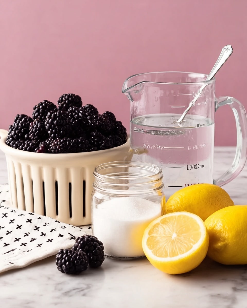 The image shows a white ceramic basket filled with dark purple blackberries on the left side, placed on a white marbled surface. In front of the basket is a clear glass jar half full with white sugar, with a small silver spoon sticking out. To the right of the jar, there is a clear glass measuring cup filled with water, marked with measurement lines. In front of the measuring cup are two whole bright yellow lemons and one lemon half showing its juicy inside. The background is a soft pink color, and near the lemons, there is a white cloth with small black crosses. Photo taken with an iphone --ar 4:5 --v 7