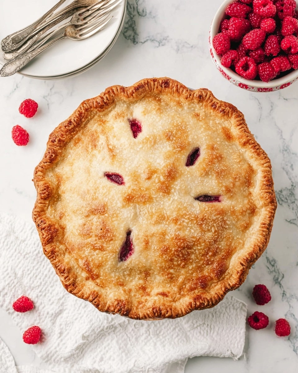 A round golden-brown pie with a flaky crust sits centered on a white marbled surface. The pie has six evenly spaced, straight slits on top showing hints of deep red filling inside. Its crust edges are slightly crinkled and browned. To the top right of the pie, there is a small white bowl with red raspberry patterns filled with fresh bright red raspberries. A few raspberries are scattered nearby on the marbled surface. On the top left, three antique silver forks rest beside a stack of white plates. The scene includes a white textured cloth partially under the pie. Photo taken with an iphone --ar 4:5 --v 7
