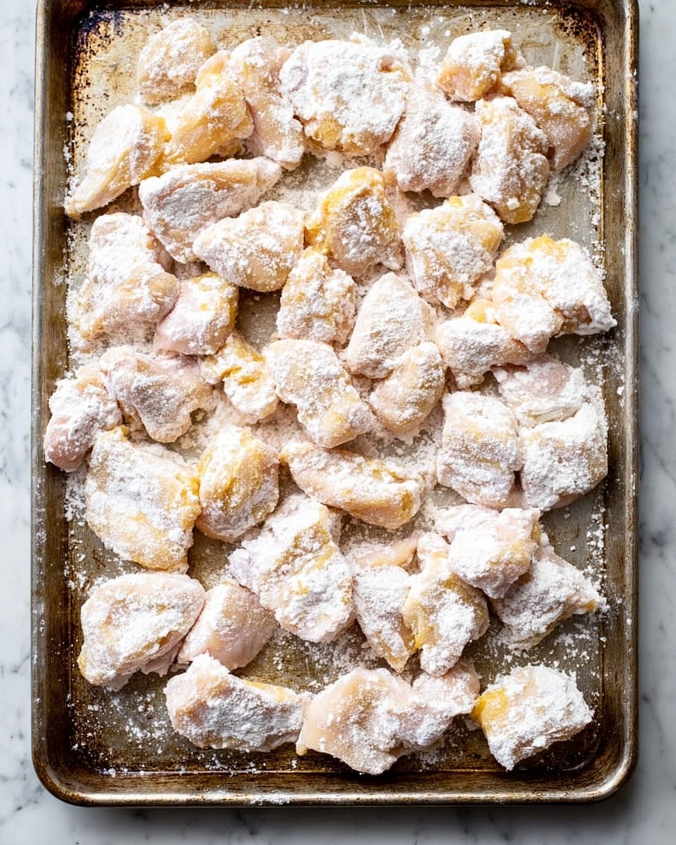 The image shows many pieces of raw chicken coated in a white flour mixture, spread out on a metal baking tray with a slightly worn look. Each piece is uneven, with a rough texture where the flour sticks, creating a powdery white layer over the pinkish-yellow chicken underneath. The pieces are placed close to each other, filling most of the tray, with some parts showing small patches of exposed metal between them. The background is a white marbled surface that contrasts softly with the tray and chicken. Photo taken with an iphone --ar 4:5 --v 7