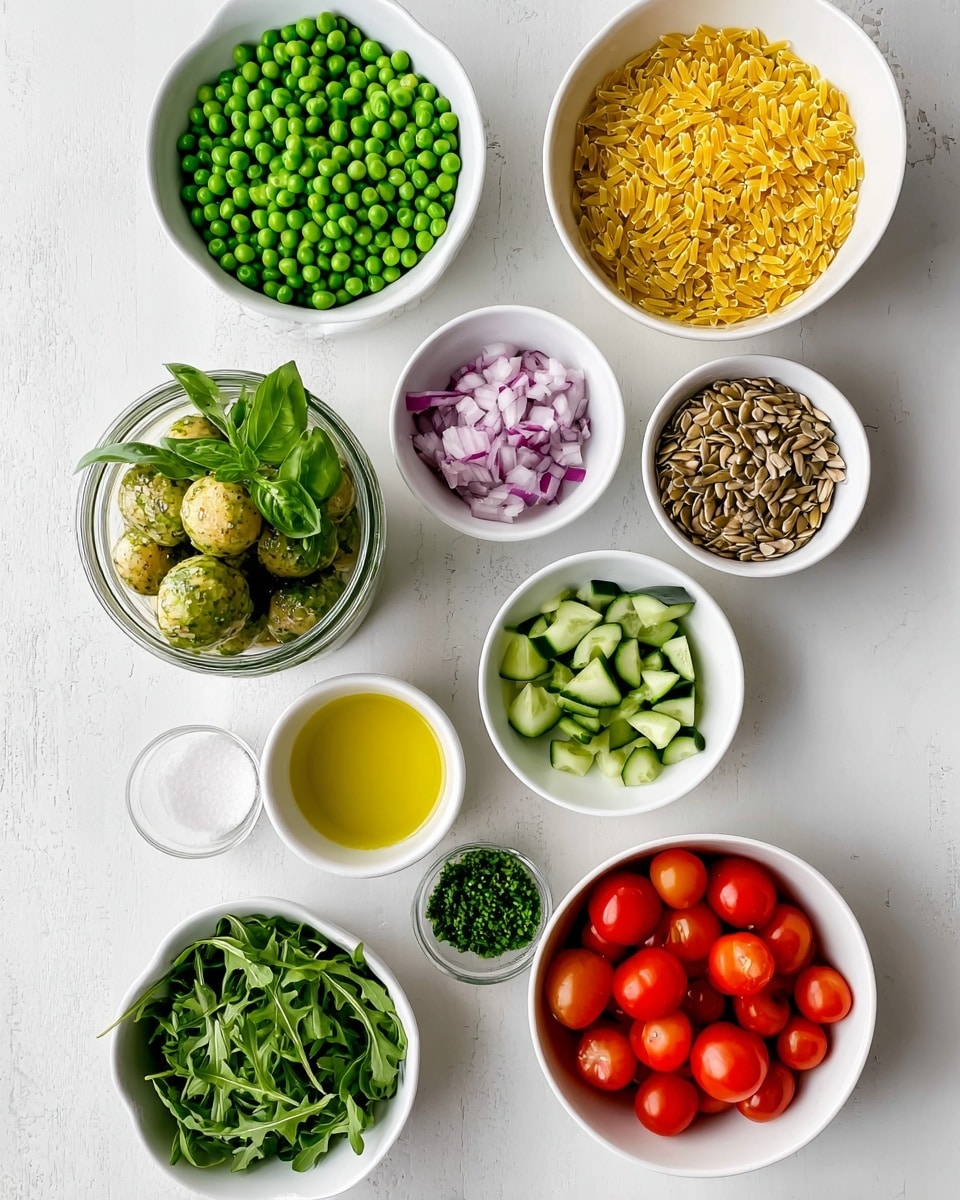 The image shows various ingredients laid out on a white marbled surface in white bowls and glass containers, arranged neatly. From top left: a white bowl filled with bright green peas, next to it a white bowl with yellow orzo pasta. Below the peas is a glass jar with marinated cheese balls topped with green basil leaves. To the right of that jar is a small white bowl filled with sunflower seeds, then a small white bowl with diced red onions. Below the jar is a small glass container with yellow liquid dressing. Below the dressing is a small white bowl filled with chopped green herbs. To its right is a white bowl with thinly sliced green leafy herbs. Next to that is a white bowl with chopped cucumber. Below are two white bowls, on the left filled with fresh green arugula leaves, and on the right filled with halved red cherry tomatoes. The overall look is fresh with vibrant colors against the white marbled background, photo taken with an iphone --ar 4:5 --v 7