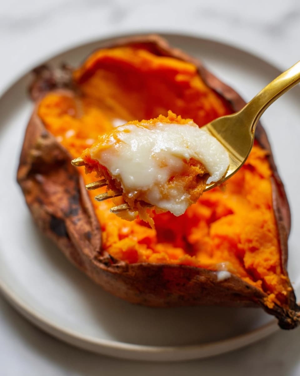 A white plate holds a roasted sweet potato split open, showing its soft, bright orange inside. A gold fork lifts a scoop of the sweet potato that has a smooth and creamy white layer of melted butter on the bottom, adding shine and contrast to the orange texture. The sweet potato skin is visible at the edges, dark brown and slightly wrinkled. The background is a white marbled texture. photo taken with an iphone --ar 4:5 --v 7