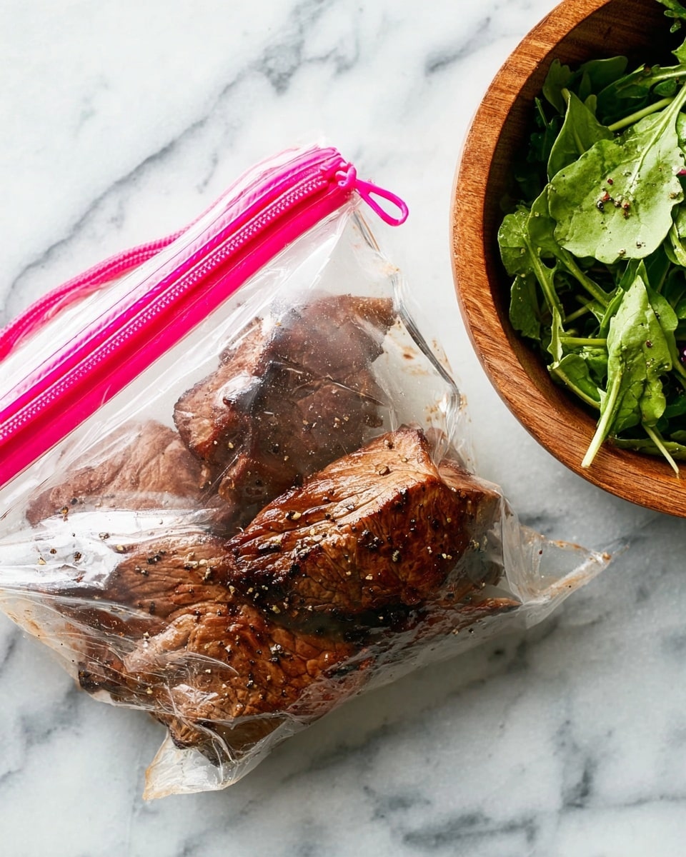 A clear plastic ziplock bag with a pink zipper is open, showing two pieces of cooked brown meat inside, covered in a shiny marinade with visible black pepper specks. To the right, there is a wooden bowl filled with fresh green leafy vegetables. All items rest on a white marbled surface. photo taken with an iphone --ar 4:5 --v 7