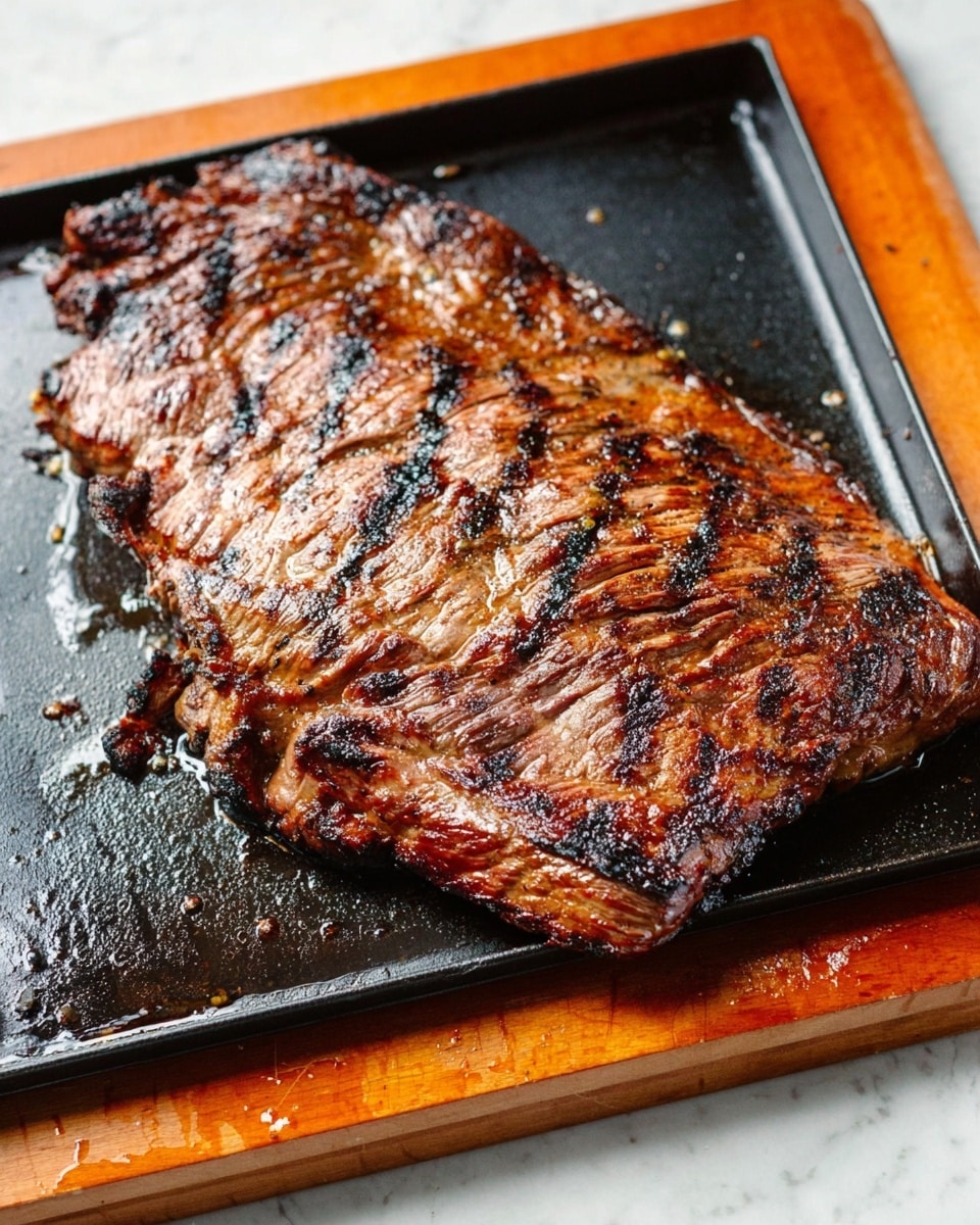 A large grilled piece of steak with a rich brown color and dark grill marks lies flat on a black tray layered with an orange cutting board, all placed on a white marbled surface. The steak shows a shiny texture with some areas glistening from juices and oils, and its edges are slightly curled and charred, giving it a rustic cooked look. The entire scene is bright with the focus on the juicy and well-cooked steak. photo taken with an iphone --ar 4:5 --v 7