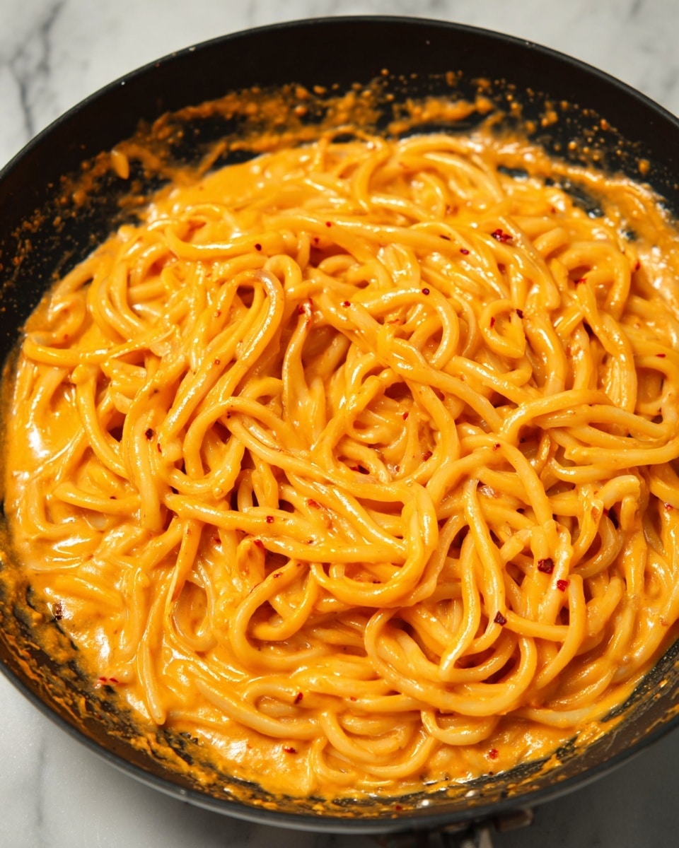 A close-up view of a black pan filled with thick, long noodles coated in a smooth, bright orange sauce with small red specks. The sauce looks creamy and clings well to the noodles, which are loosely piled and slightly shiny. Around the edge of the pan, some of the sauce splashes are visible, creating a lively feel. The background is a white marbled texture. photo taken with an iphone --ar 4:5 --v 7