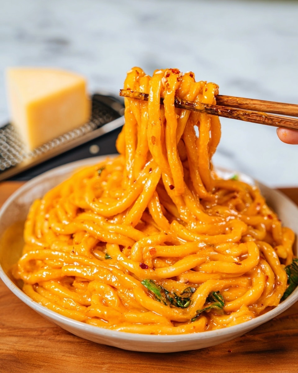 A close-up view of thick udon noodles coated in a smooth, bright orange sauce with tiny red specks, lifted by a pair of wooden chopsticks held by a woman's hand above a white bowl. The noodles show a glossy, creamy texture with hints of green leafy vegetables mixed in the bowl at the bottom layer. The background features a white marbled surface with a block of cheese and a cheese grater softly blurred. Photo taken with an iphone --ar 4:5 --v 7
