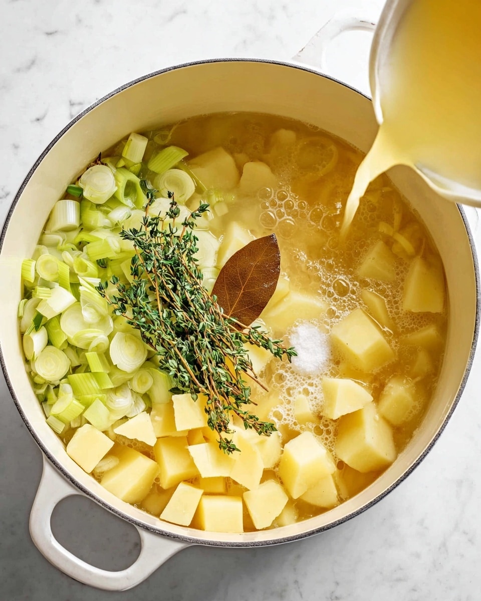 A white pot filled with three main layers: at the bottom, small round slices of light green leeks, then a layer of cubed yellow potatoes covering most of the pot, and on top of the potatoes, a few sprigs of fresh green thyme and a brown bay leaf placed centrally, with some white granulated salt sprinkled nearby; light yellow broth is being poured from the right side into the pot, creating bubbles around the edges, all set on a white marbled surface photo taken with an iphone --ar 4:5 --v 7