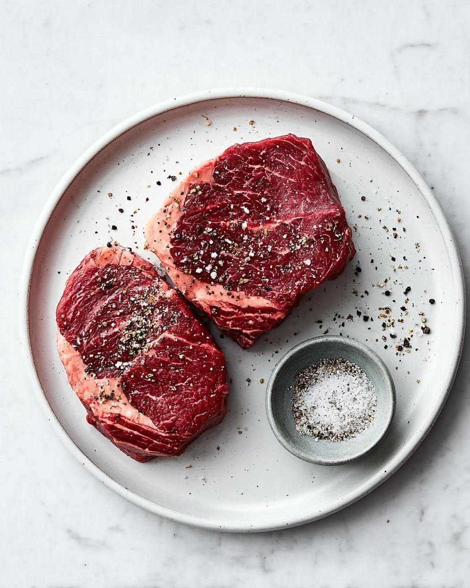 Two thick pieces of raw red steak with marbled fat are placed side by side on a large white plate. The steaks are sprinkled with coarse salt and cracked black pepper, which also scatter lightly around them on the plate. Below the plate on a white marbled surface sits a small gray bowl filled halfway with salt and black pepper. The image is clean and simple with natural lighting, showing detailed texture on the meat and seasoning photo taken with an iphone --ar 4:5 --v 7