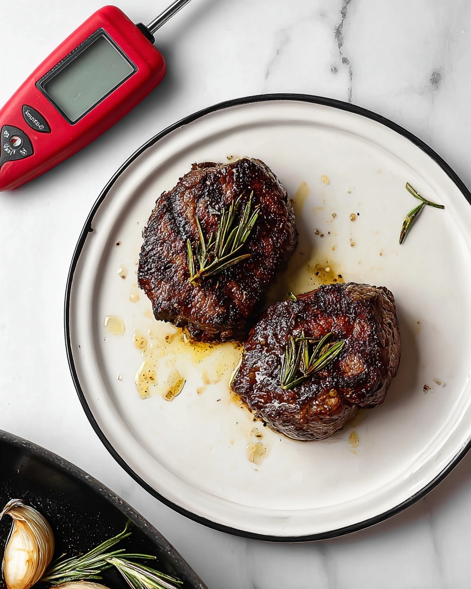 Two dark brown grilled steaks with a shiny surface, each topped with small sprigs of green rosemary, sit side by side on a white plate with a thin black rim. Small drops of oil and juice are scattered around the steaks on the plate. The plate rests on a white marbled surface, and above it lies a red digital meat thermometer with a long silver probe. Part of a black pan with garlic cloves and rosemary sprigs is visible at the bottom edge of the image. Photo taken with an iphone --ar 4:5 --v 7