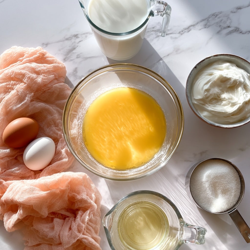 A clear glass bowl in the center holds melted yellow butter, showing a smooth and shiny texture. To the left, two eggs, one brown and one white, rest on a soft, crumpled peach cloth. Above the bowl, a clear glass measuring cup filled with white milk is placed on a white marbled surface. To the right of the butter bowl, a small bowl contains white cream with a smooth, thick texture. Below the butter bowl, another clear glass measuring cup with a handle holds a slightly yellow liquid, and next to it is a metal measuring cup filled with white sugar. The whole setup is on a white marbled surface with soft natural light. photo taken with an iphone --ar 4:5 --v 7