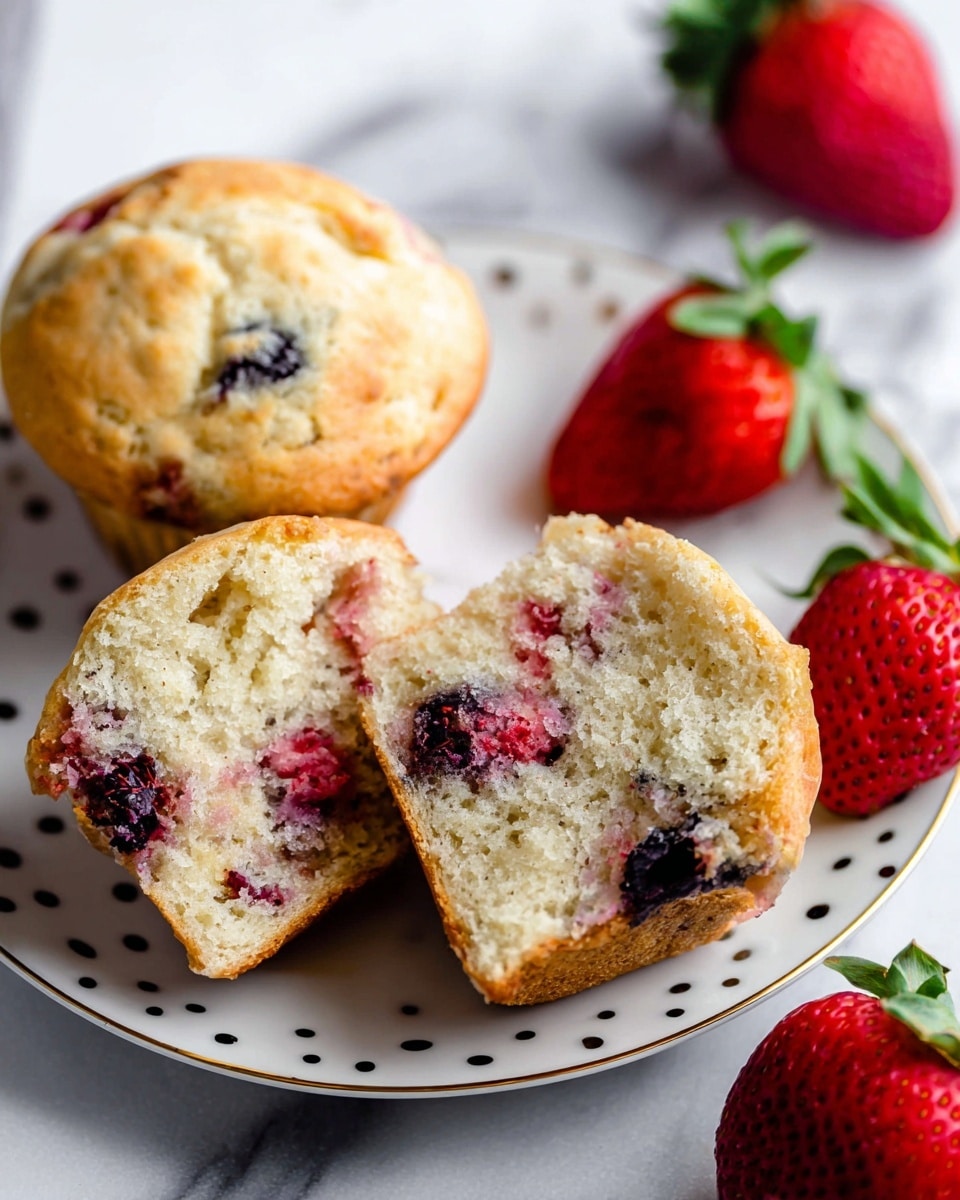 The image shows a close-up of two muffins on a white plate with small black dots and gold trim near the edges, placed on a white marbled surface. One muffin is whole with a golden-brown top, while the other is split in half next to it, showing a light beige soft texture inside with scattered red and dark purple berries. Fresh red strawberries with green leaves lay next to the muffins on the plate and nearby on the surface. The scene is bright and focuses on the muffins' crumbly but soft texture filled with berry colors photo taken with an iphone --ar 4:5 --v 7